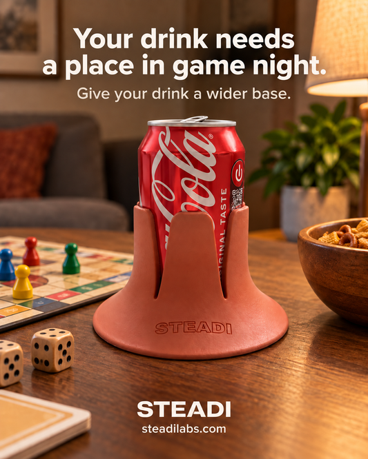 Terracotta Steadi holding an open soda can beside a board game, dice and snacks on a wooden table. Illustrative AI-generated scene.